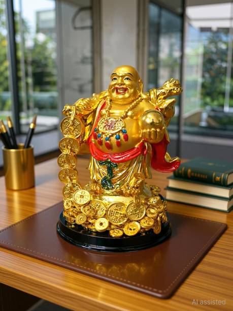 GiftnGlory Feng Shui Vastu Laughing Buddha Holding Gold Coins & Prosperity | Happy Man Idol Decorative Showpiece - 16.51 cm