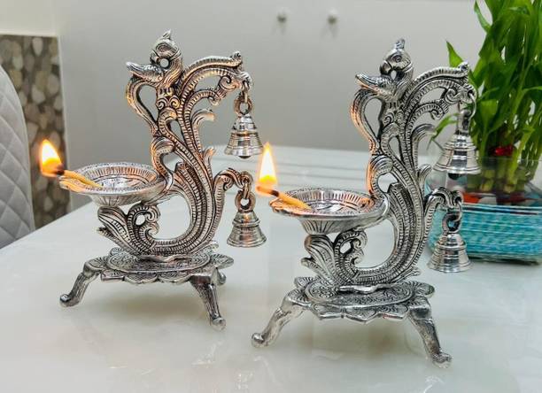 inDecor Metal Designer Diya for Puja Oil Lamp in Peacock Design with Bell, Diya Stand Aluminium (Pack of 2) Table Diya Set