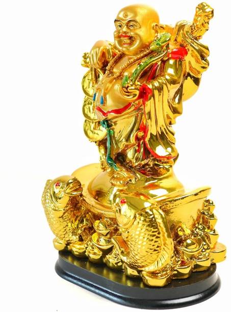 The Spiritual Living Golden Laughing Buddha Idol with Twin Fish and Money Coins For Wealth & Luck | Decorative Showpiece  -  17.8 cm