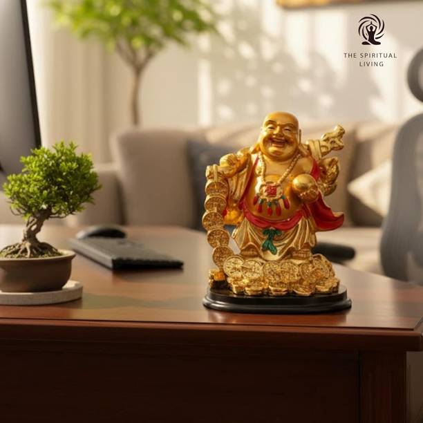 The Spiritual Living Golden Laughing Buddha Holding Wealth Coins String Idol | Vastu & Feng Shui | Decorative Showpiece  -  12.7 cm