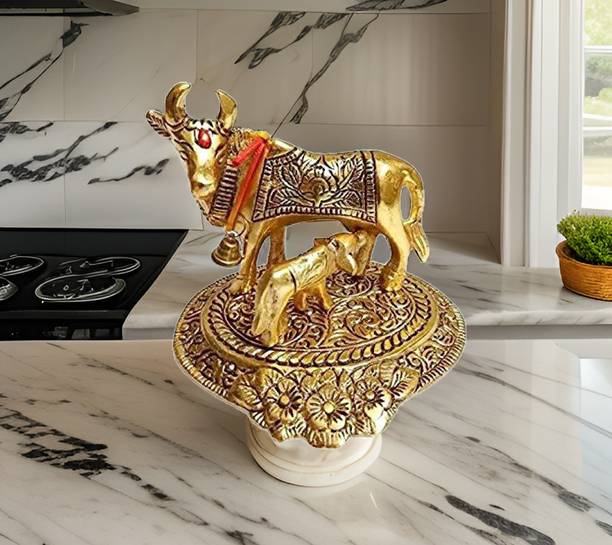 ETANSO Metal Kamdhenu Cow with Calf, Vastu Gau MATA Idol, Figurine Cow & Calf Idol Decorative Showpiece  -  10 cm