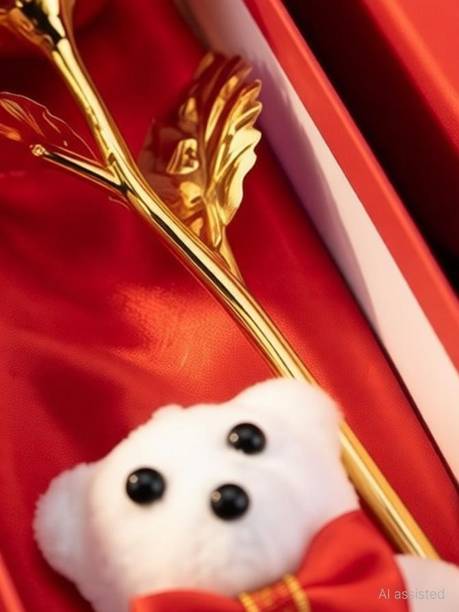Little hands decor Artificial Golden Rose with Cute Teddy in Premium Gift Box Decorative Showpiece  -  5 cm