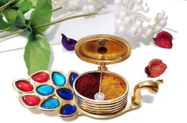 sanskaari Roli Chandan Peacock Kumkum Box, Haldi Kumkum Holder, Plate, Design Kumkum Box Decorative Showpiece  -  4 cm