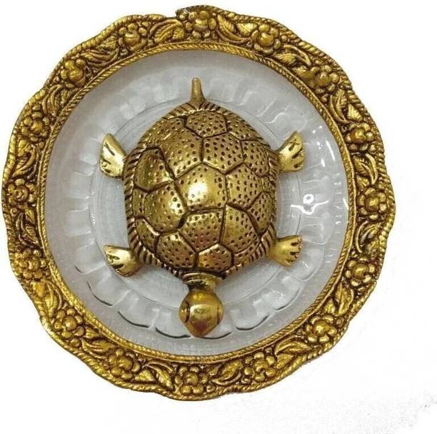 PAXIVKA Golden Metal Tortoise on Glass Plate For Good Luck Feng shui Gift Item Decorative Showpiece  -  15 cm