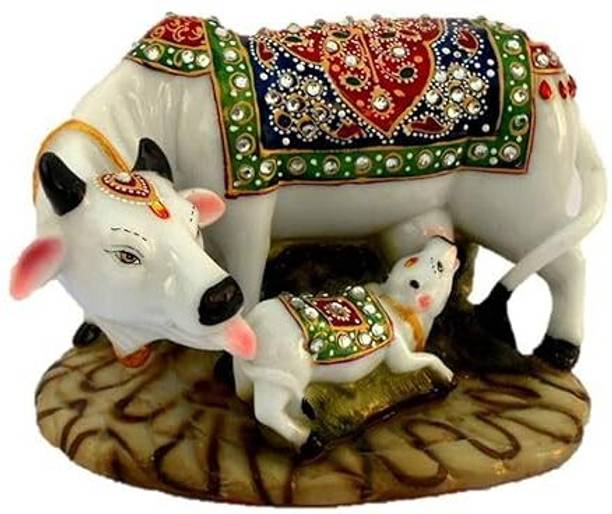 Tattvagya Vyom Decorative Marble dust/Polyresin Cow and Calf Showpiece Idols and Figurines Decorative Showpiece  -  2 cm