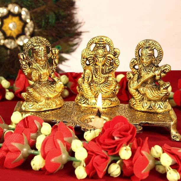 BattlePoint Laxmi Ganesh Saraswati with Diya Metal Statue/Murti for Diwali Pooja,Ganesh idol Decorative Showpiece  -  15 cm