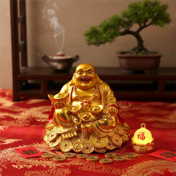shop fusion Laughing Buddha with Money Bowl – Good Luck Feng Shui Showpiece for Home Decorative Showpiece - 7 cm
