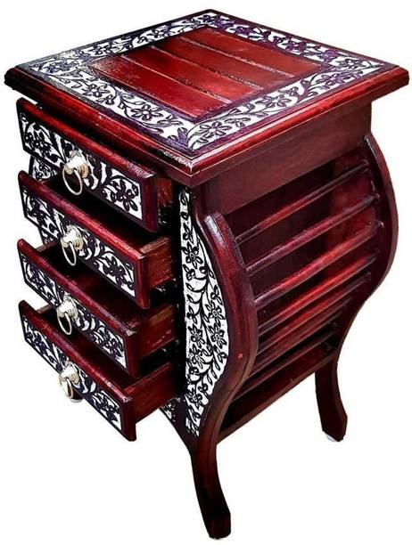 Giftoshopee Side Table with 4 Drawers Enhanced Floral Carved, Standard Solid Wood Corner Table