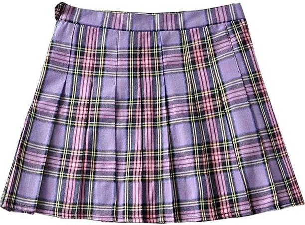 J K FASHION Checkered Women Pleated Purple Skirt