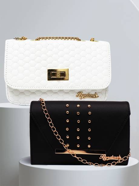 White, Black, Gold Women Sling Bag - Medium