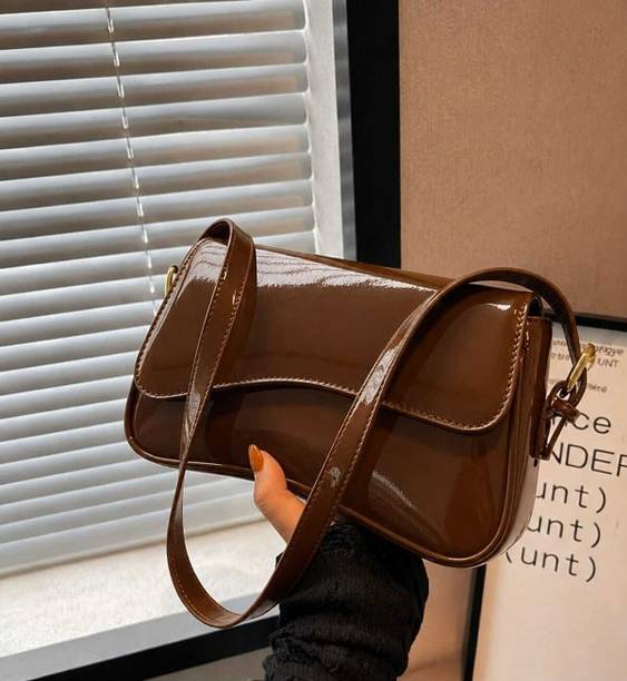Brown Women Sling Bag Vintage Glossy Shoulder Bag - Curved Flap Retro Underarm Purse