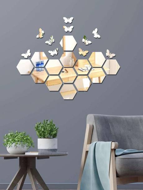 wall1ders 12 cm 14 Hexagon Silver with 10 Butterfy - Acrylic Mirror Wall Sticker's Self Adhesive Sticker