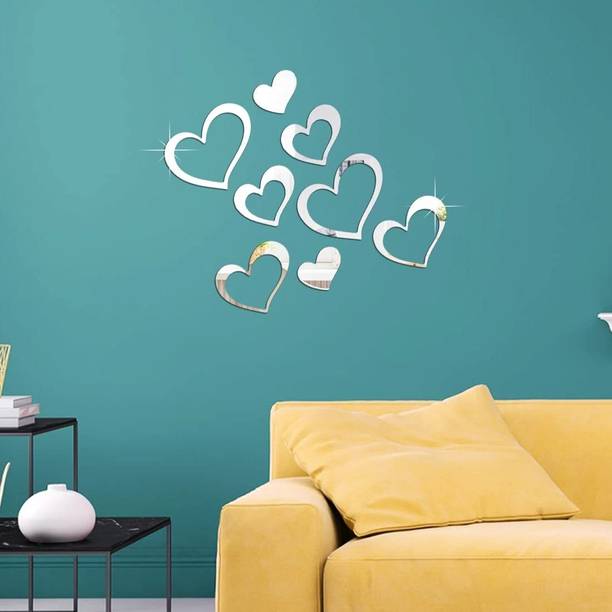 wall1ders 15 cm 2 Set Love Heart Silver - Acrylic Mirror Wall Sticker's Self Adhesive Sticker