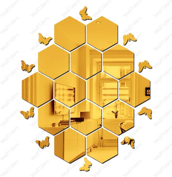 wall1ders 12 cm 14 Hexagon Golden with 10 Butterfy - Acrylic Mirror Wall Sticker's Self Adhesive Sticker