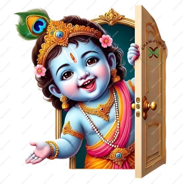 Riditcreation 48 cm Cute Krishna Door Open Self Adhesive Sticker