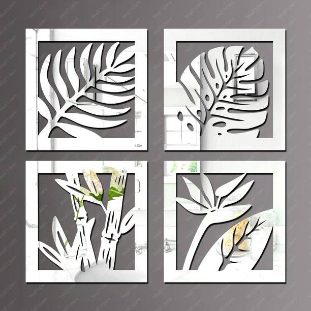 wall1ders 60 cm Palm-Leaves-Leaf-Artwork-Wall-Art Silver - Acrylic Mirror Wall Sticker's Self Adhesive Sticker