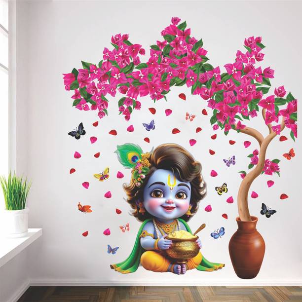 Divine studio 32 cm Lord Krishna Playing With pink tree strip bitch and eating butter Wall sticker Self Adhesive Sticker