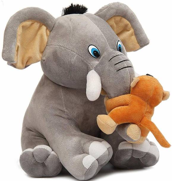 ATHRAVTOYS Cute Elephant with Baby Monkey Premium Soft Toys for kids -(Grey)  - 30 mm