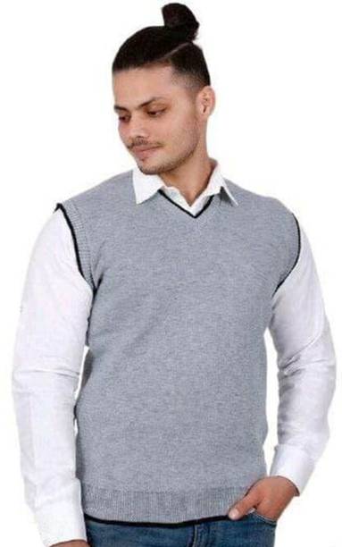 Shunit creation Solid V Neck Casual Men Grey Sweater