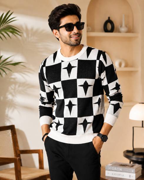 Men Self Design Round Neck White Sweater