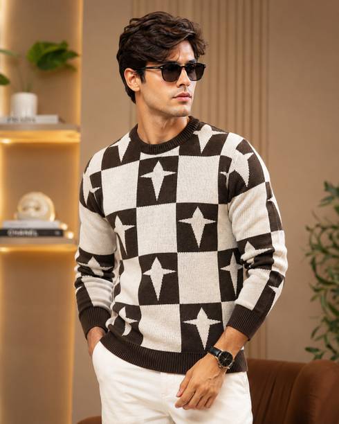 Humble Hustler Geometric Print Round Neck Casual Men Brown Sweater