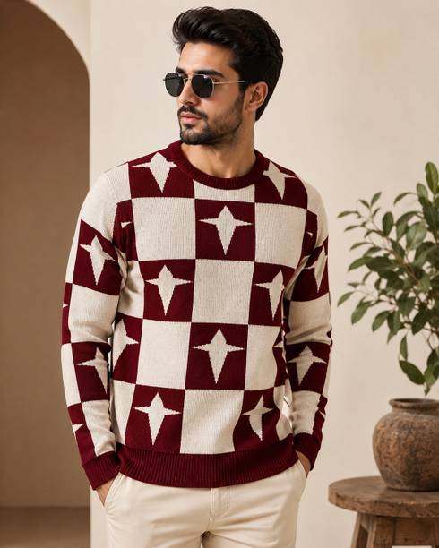 Men Printed Round Neck Maroon Sweater