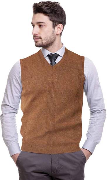 Shunit creation Solid V Neck Casual Men Brown Sweater