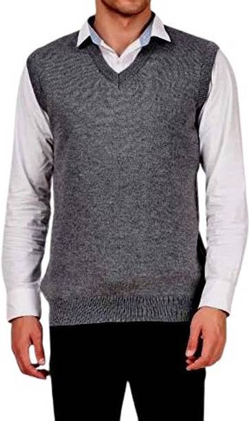SHATMUS Solid V Neck Casual Men Grey Sweater