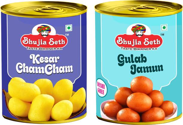 BHUJIYA SETH sweets kesar cham cham & desi ghee Gulab jamun combo pack (1 kg x 2 ) pack Tin