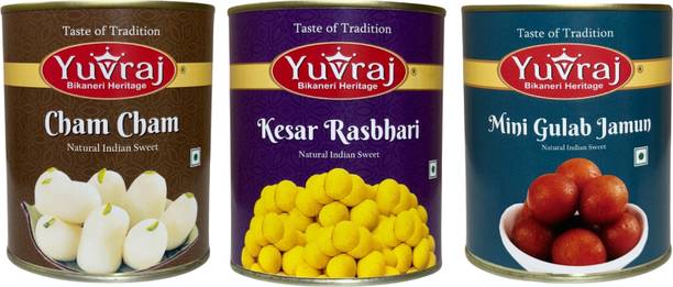 Yuvraj Food Product Cham, Cham,Kesar Rasbhari & Mini Gulab Jamun sweets 1 kg x 3 pack Can