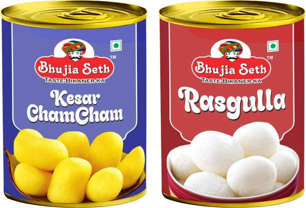 BHUJIYA SETH sweets kesar cham cham & Rasogolla combo pack (1 kg x 2 ) pack Tin