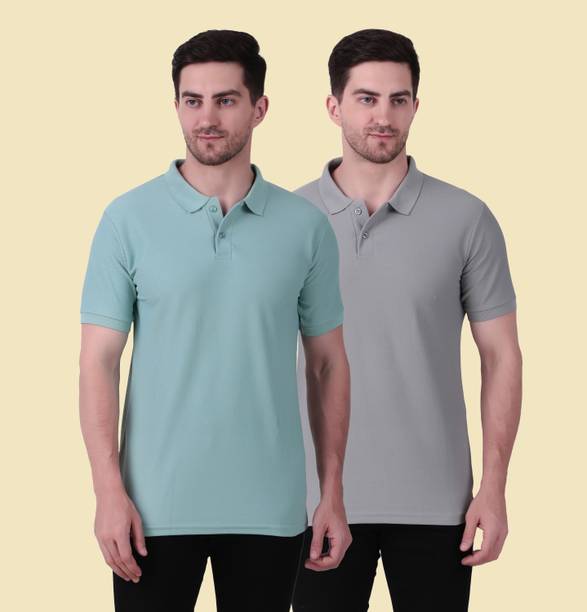 Pack of 2 Men Solid Polo Neck Polyester Green, Grey T-Shirt