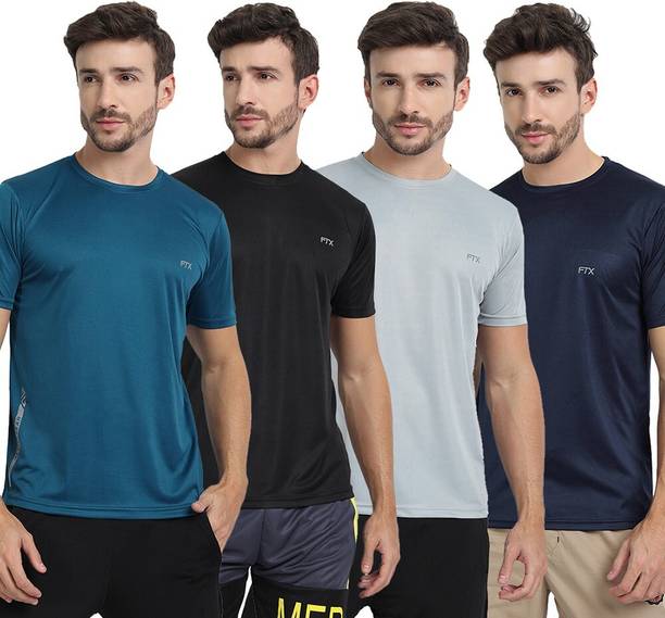 FTX Pack of 4 Men Solid Round Neck Polyester Multicolor T-Shirt