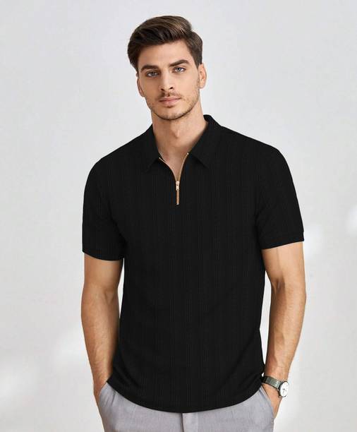NRV Fashion Men's Black Self Design Zip Neck T-Shirt