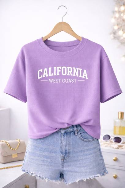 Women Typography Round Neck Cotton Blend Purple T-Shirt