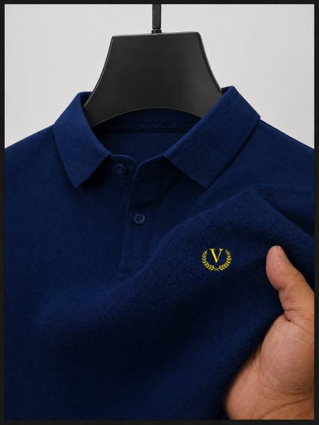 Graphic Print Men Polo Neck Cotton Blend Dark Blue T-Shirt