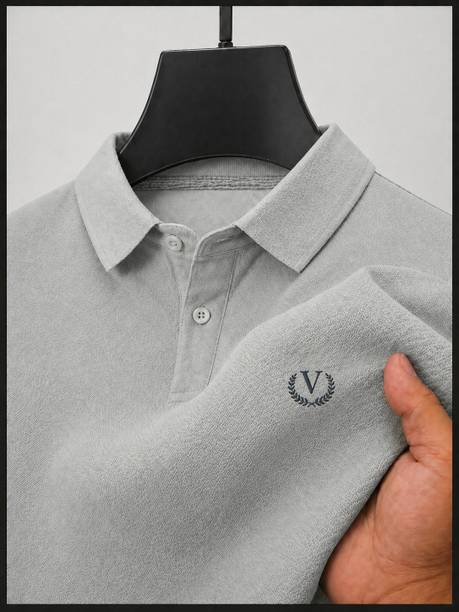 Graphic Print Men Polo Neck Cotton Blend Grey T-Shirt