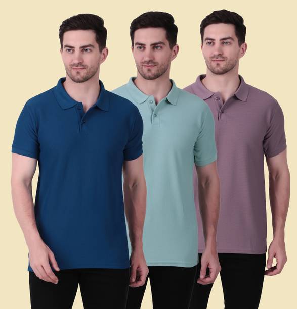 Pack of 3 Men Solid Polo Neck Polyester Blue, Green, Purple T-Shirt