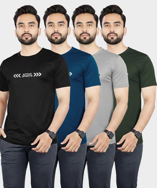 Pack of 4 Men Printed Round Neck Polyester Multicolor T-Shirt