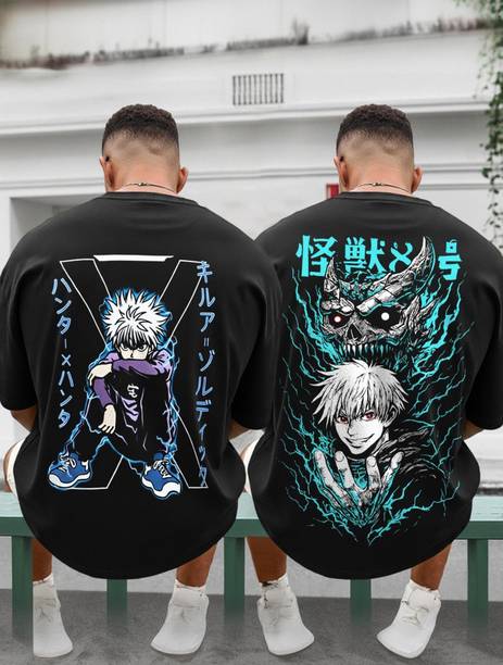 Pack of 2 Oversized Men Typography Round Neck Cotton Blend Black T-Shirt