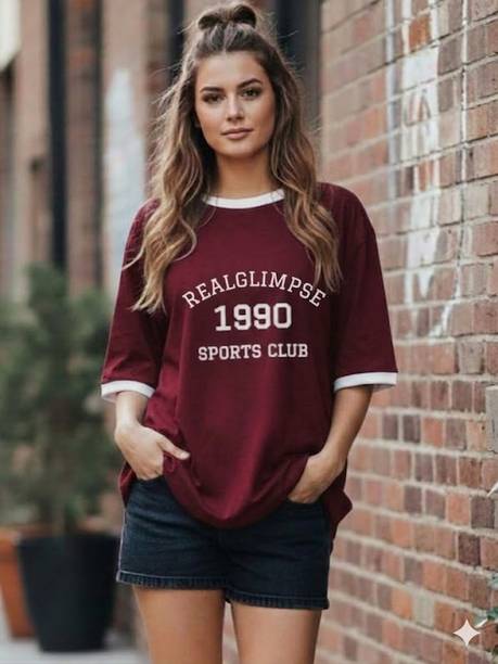 Women Typography Round Neck Cotton Blend Maroon T-Shirt