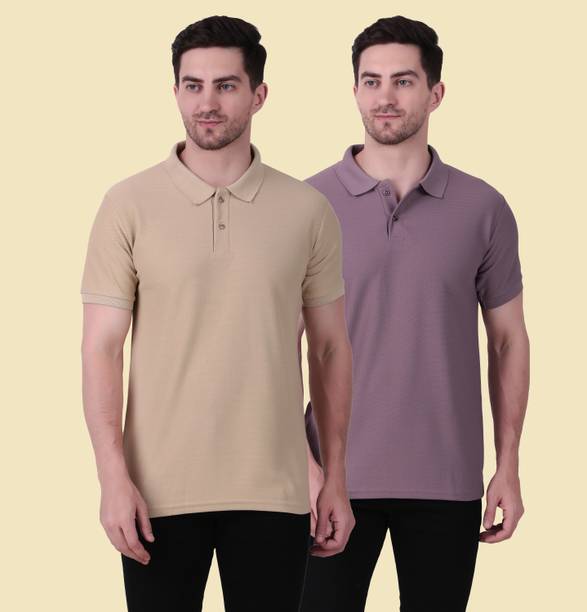 Pack of 2 Men Solid Polo Neck Polyester Beige, Purple T-Shirt