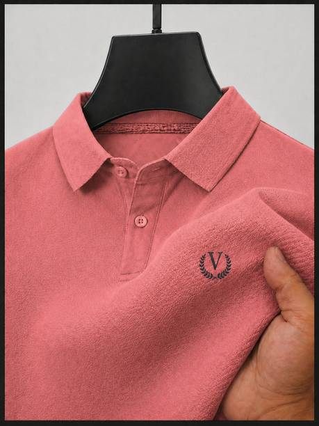 Graphic Print Men Polo Neck Cotton Blend Pink T-Shirt
