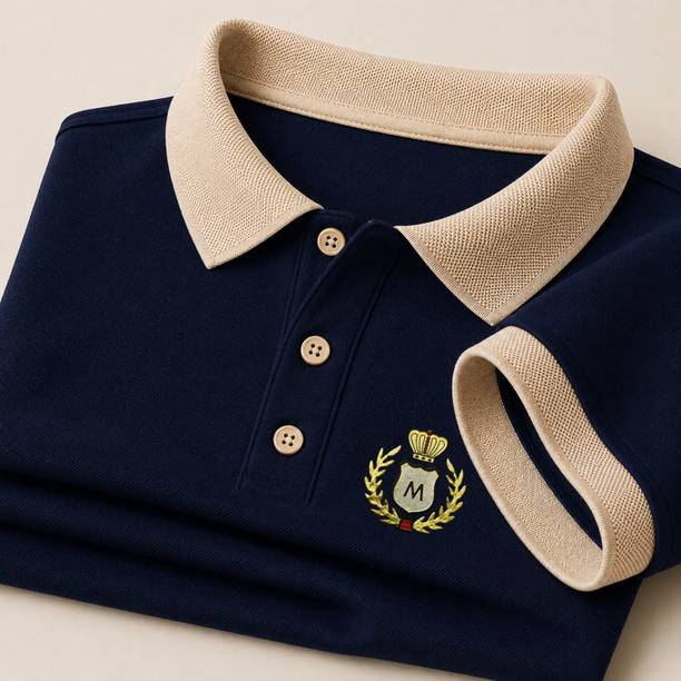 Men Embroidered Polo Neck Cotton Blend Dark Blue T-Shirt