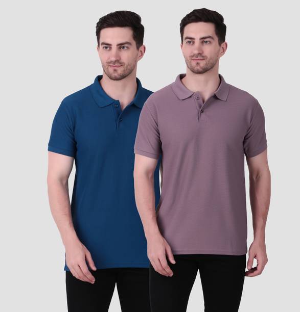 Pack of 2 Men Solid Polo Neck Polyester Blue, Purple T-Shirt