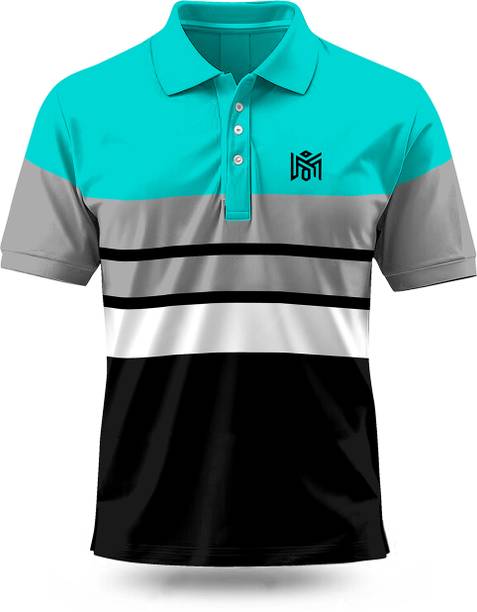 Men Striped Polo Neck Cotton Blend Multicolor T-Shirt