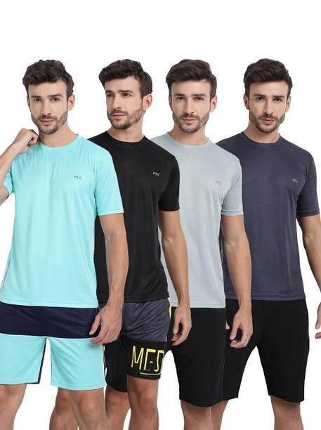 Pack Of 4 Men Solid Round Neck Polyester Multicolor T-S