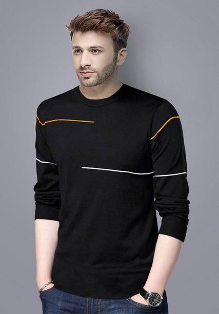 Men Striped Round Neck Cotton Blend Black T-Shirt