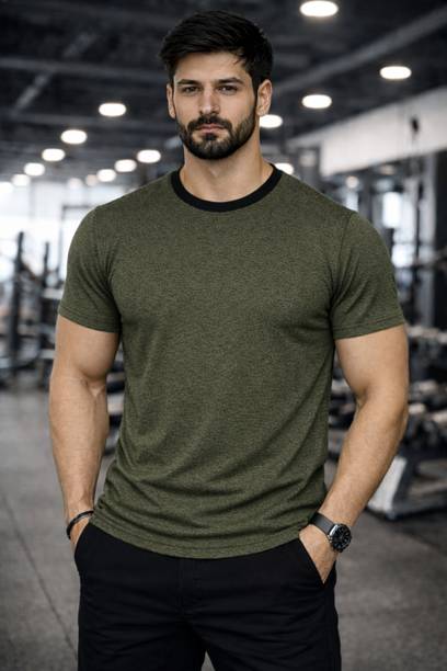 Men Self Design Round Neck Polyester Green T-Shirt
