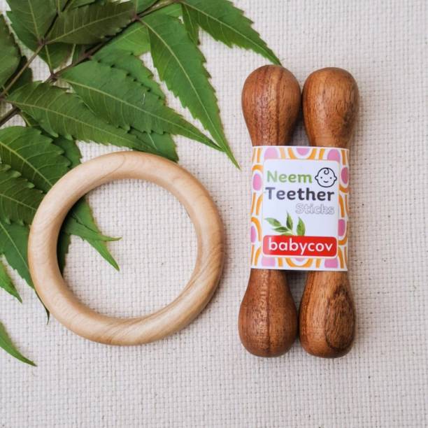 Neem Wood Baby Toy – Natural Teether with Cotton Bow (Olive)